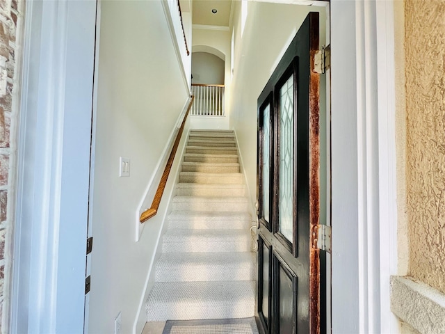 8018 Stoneyway Dr, Houston, TX 77040 - staircase with crown molding and carpet flooring