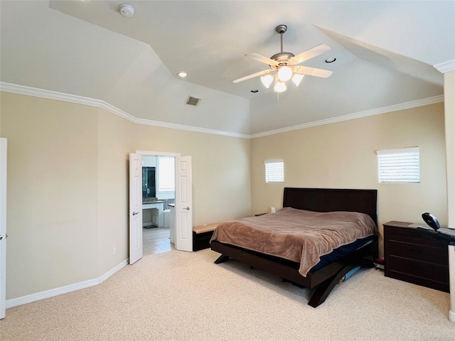 8018 Stoneyway Dr, Houston, TX 77040 - bedroom featuring light carpet, vaulted ceiling, ornamental molding, ceiling fan, and ensuite bathroom