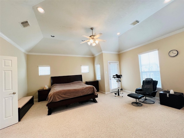 8018 Stoneyway Dr, Houston, TX 77040 - bedroom featuring lofted ceiling, light colored carpet, multiple windows, recessed lighting, and a ceiling fan