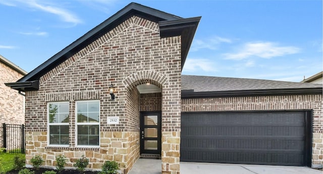 2532 Allegretto Sea Dr, Katy, TX 77493 - french provincial home with stone siding, an attached garage, brick siding, and concrete driveway