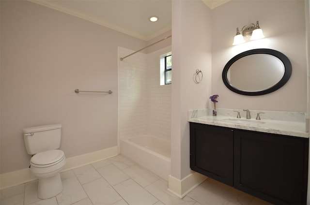 1605 Cohn St, Houston, TX 77007 - bathroom featuring vanity, ornamental molding, bathing tub / shower combination, marble look tiles, and recessed lighting