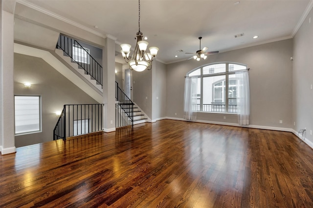 1025 W 21st St Unit C, Houston, TX 77008 - unfurnished living room with wood finished floors, a ceiling fan, recessed lighting, crown molding, and a chandelier