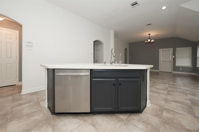 10166 Hidden Creek Falls Ln, Brookshire, TX 77423 - kitchen with stainless steel dishwasher, vaulted ceiling, arched walkways, light countertops, and a chandelier
