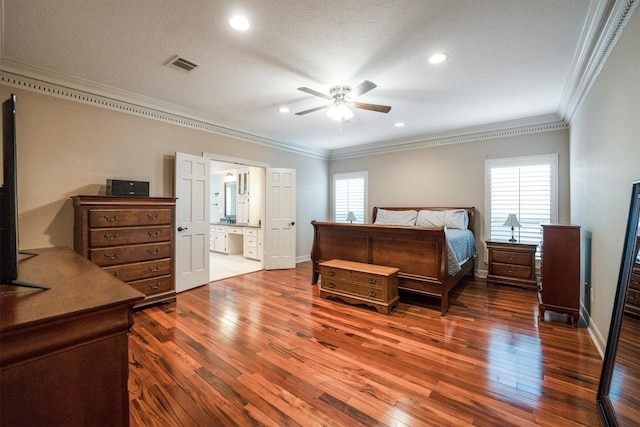 17603 Hidden Forest Dr, Spring, TX 77379 - bedroom with ornamental molding, hardwood / wood-style flooring, recessed lighting, ensuite bathroom, and ceiling fan