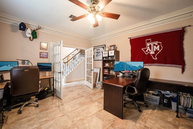17603 Hidden Forest Dr, Spring, TX 77379 - office area featuring crown molding, a ceiling fan, and french doors