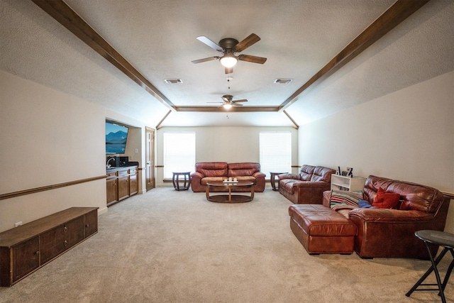 17603 Hidden Forest Dr, Spring, TX 77379 - living area featuring light colored carpet, ceiling fan, and a textured ceiling