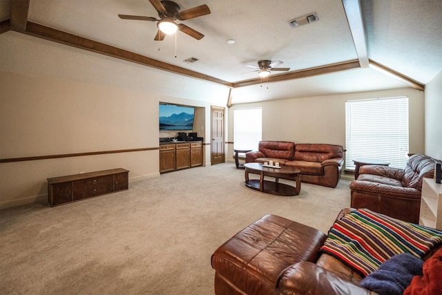 17603 Hidden Forest Dr, Spring, TX 77379 - living area featuring a ceiling fan, light colored carpet, and vaulted ceiling