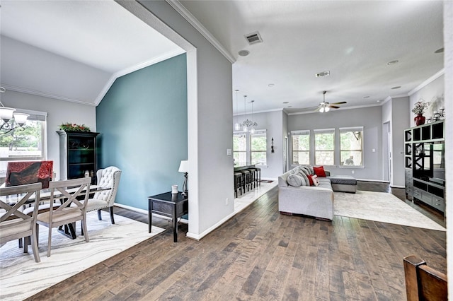 3854 Fleetwood Falls Ln, Spring, TX 77386 - living area with hardwood / wood-style flooring, ornamental molding, ceiling fan, and a chandelier