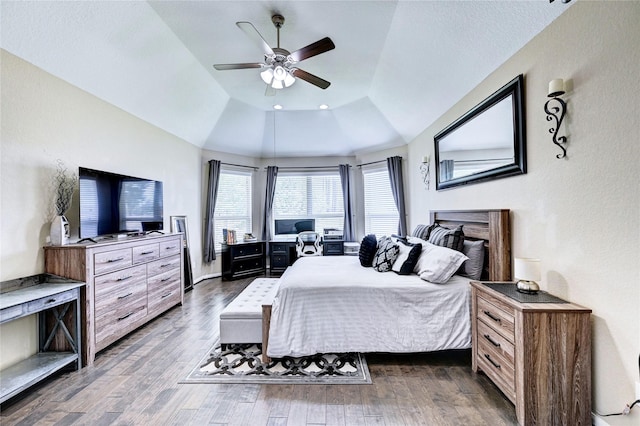 3854 Fleetwood Falls Ln, Spring, TX 77386 - bedroom featuring dark wood-style floors, lofted ceiling, a raised ceiling, and ceiling fan
