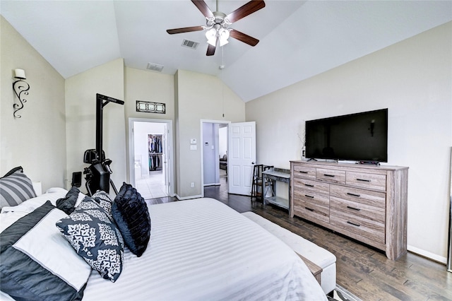 3854 Fleetwood Falls Ln, Spring, TX 77386 - bedroom featuring dark wood-style flooring, high vaulted ceiling, and ceiling fan