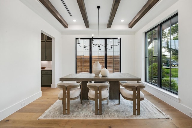431 W 30th St, Houston, TX 77018 - dining room with beamed ceiling, a chandelier, light wood finished floors, and recessed lighting