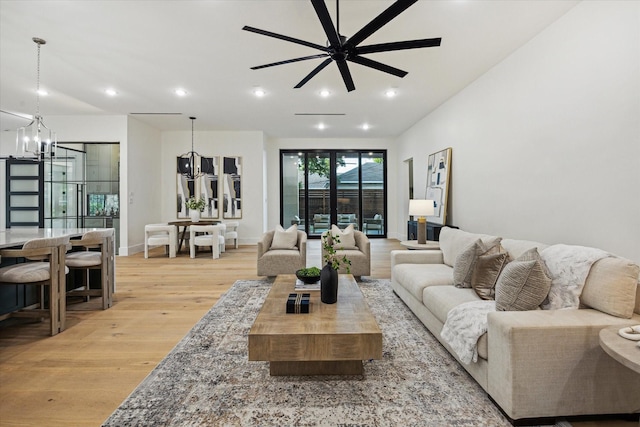 431 W 30th St, Houston, TX 77018 - living area featuring a chandelier, light wood-type flooring, ceiling fan, and recessed lighting