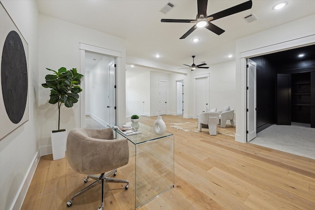 431 W 30th St, Houston, TX 77018 - home office with ceiling fan, light wood finished floors, and recessed lighting