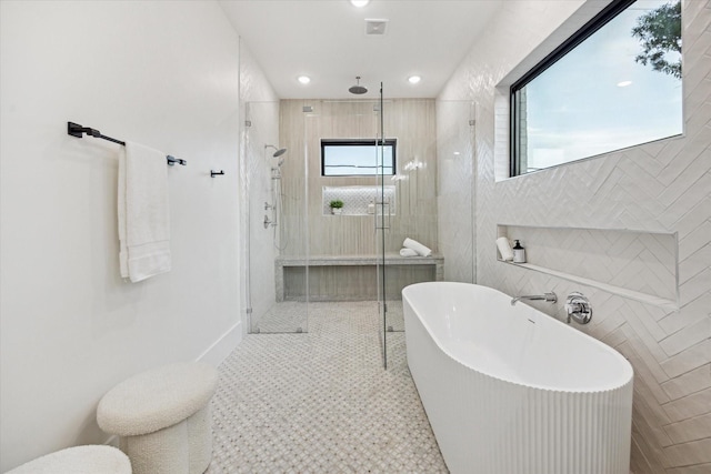 431 W 30th St, Houston, TX 77018 - full bathroom featuring a stall shower, a freestanding tub, and recessed lighting
