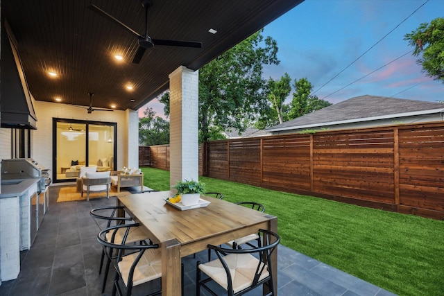 431 W 30th St, Houston, TX 77018 - fenced backyard with a ceiling fan, a patio, area for grilling, and outdoor dining area