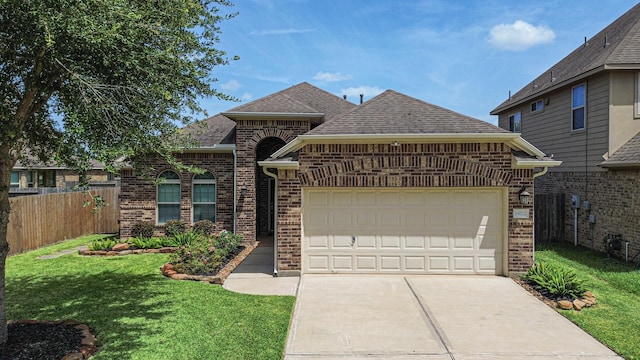 19022 Summer Farm Trl, Richmond, TX 77407 - french country inspired facade with a shingled roof, brick siding, an attached garage, and driveway