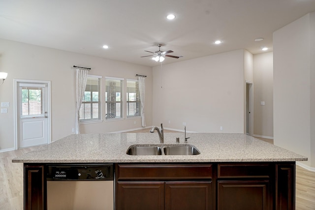 19022 Summer Farm Trl, Richmond, TX 77407 - kitchen featuring dishwasher, a ceiling fan, light stone countertops, and recessed lighting