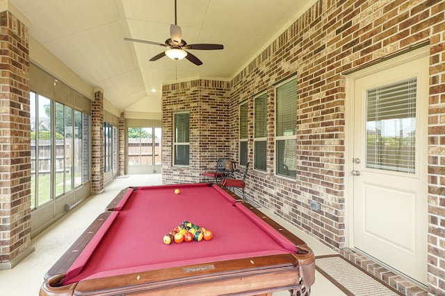 19022 Summer Farm Trl, Richmond, TX 77407 - rec room with brick wall, billiards table, a ceiling fan, and lofted ceiling