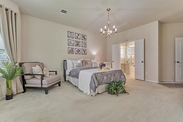 135 Forest Heights Way, Montgomery, TX 77316 - carpeted bedroom featuring a chandelier and connected bathroom