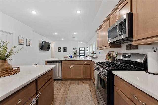 21635 Alberta Forest Cir, Magnolia, TX 77355 - kitchen featuring appliances with stainless steel finishes, a peninsula, light wood finished floors, light countertops, and recessed lighting