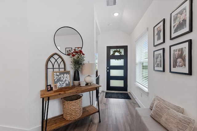 21635 Alberta Forest Cir, Magnolia, TX 77355 - entryway featuring wood finished floors, lofted ceiling, and recessed lighting