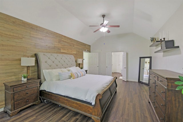 18415 Pin Oak Bend Dr, Cypress, TX 77433 - bedroom with wood walls, dark wood-style flooring, ceiling fan, and high vaulted ceiling