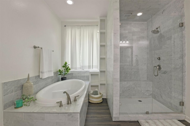 18415 Pin Oak Bend Dr, Cypress, TX 77433 - full bath with a garden tub, a stall shower, and wood finished floors