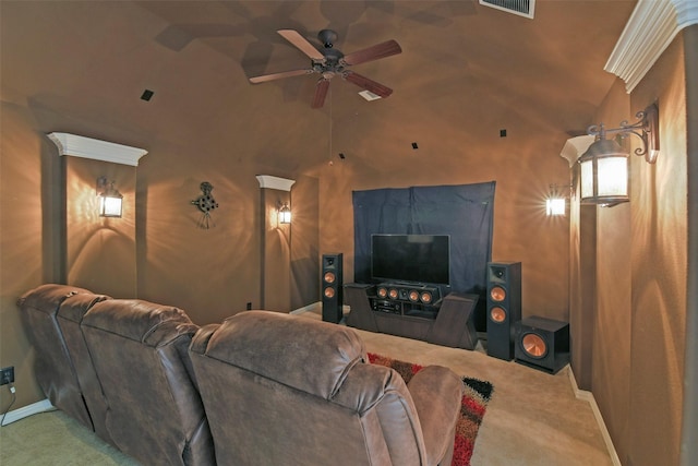 18415 Pin Oak Bend Dr, Cypress, TX 77433 - carpeted home theater room with ceiling fan and lofted ceiling