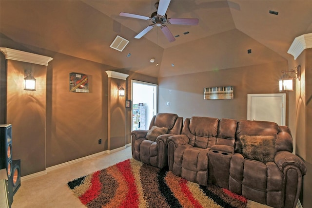 18415 Pin Oak Bend Dr, Cypress, TX 77433 - home theater with a ceiling fan, carpet, and lofted ceiling