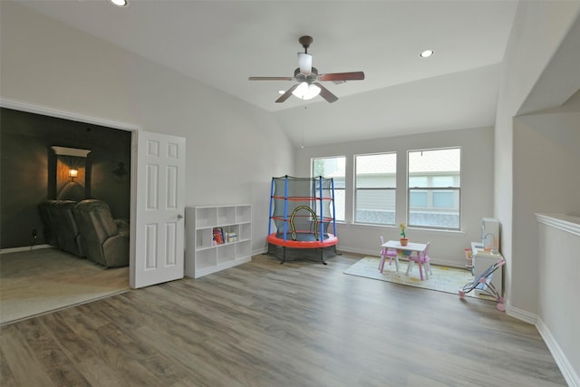 18415 Pin Oak Bend Dr, Cypress, TX 77433 - sitting room featuring wood finished floors, a ceiling fan, vaulted ceiling, and recessed lighting