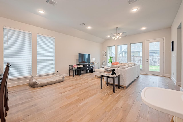 7522 Zion Grove Ct, Katy, TX 77493 - living area featuring light wood-style flooring, ceiling fan, recessed lighting, and vaulted ceiling