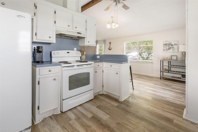 1040 County Road 206, Sargent, TX 77414 - kitchen with white appliances, under cabinet range hood, light wood finished floors, white cabinets, and vaulted ceiling