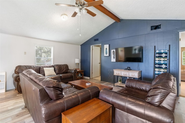 1040 County Road 206, Sargent, TX 77414 - living room with light wood-style flooring, ceiling fan, a textured ceiling, and wooden walls
