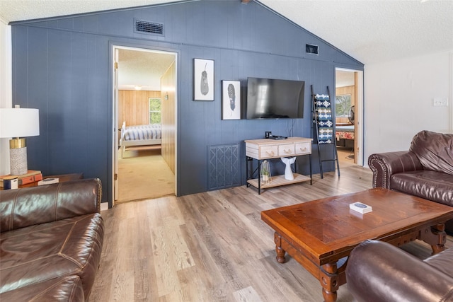 1040 County Road 206, Sargent, TX 77414 - living area featuring lofted ceiling, light wood-style floors, wooden walls, and a textured ceiling