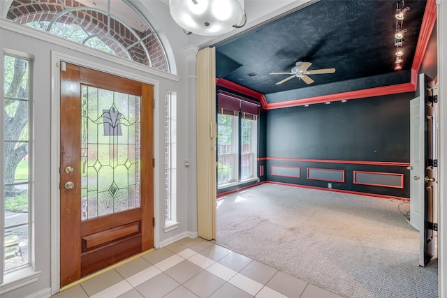 7422 Quiet Glen Dr, Sugar Land, TX 77479 - carpeted entrance foyer featuring lofted ceiling, tile patterned floors, and ceiling fan
