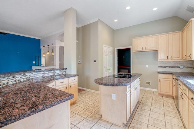 7422 Quiet Glen Dr, Sugar Land, TX 77479 - kitchen featuring decorative backsplash, a center island, stovetop with downdraft, arched walkways, and light tile patterned floors
