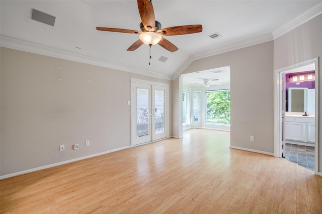 7422 Quiet Glen Dr, Sugar Land, TX 77479 - spare room featuring ceiling fan, light wood-style floors, lofted ceiling, and crown molding