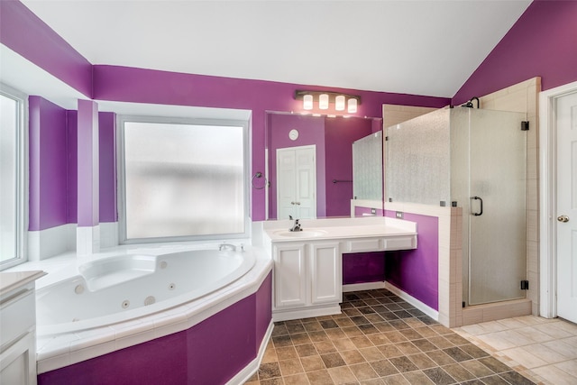 7422 Quiet Glen Dr, Sugar Land, TX 77479 - full bath featuring a stall shower, a tub with jets, lofted ceiling, healthy amount of natural light, and vanity
