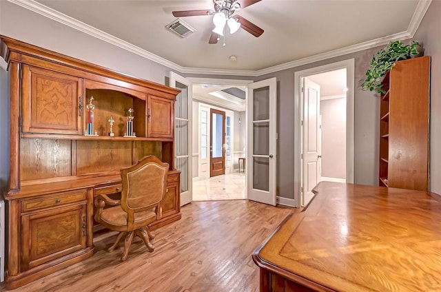 109 Dennis St, Houston, TX 77006 - office with ceiling fan, light wood-style flooring, and ornamental molding