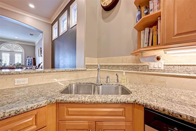 109 Dennis St, Houston, TX 77006 - kitchen featuring crown molding, dishwasher, light stone counters, open shelves, and recessed lighting