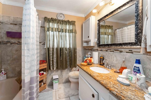 408 Rolling Wood Rd, Baytown, TX 77520 - bathroom with ornamental molding, tile walls, vanity, and tile patterned flooring