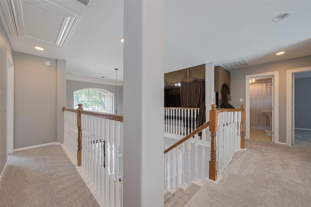 9526 Fern Wood Frst, Houston, TX 77040 - hall featuring an upstairs landing, carpet floors, attic access, recessed lighting, and crown molding