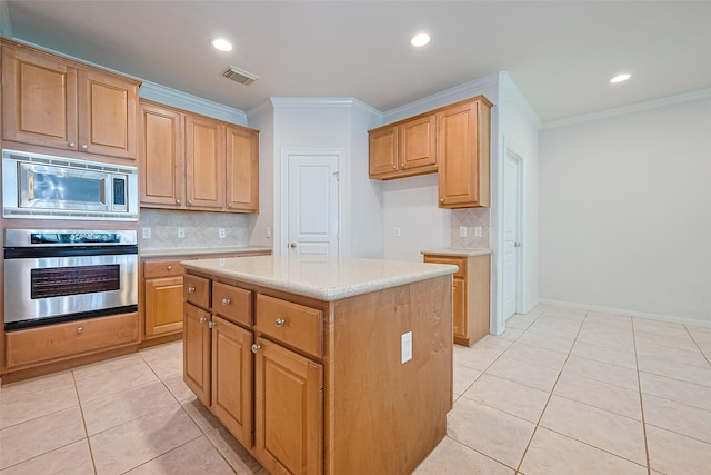 7927 Chateau Point Ln, Houston, TX 77041 - kitchen with appliances with stainless steel finishes, ornamental molding, backsplash, light tile patterned flooring, and light stone counters