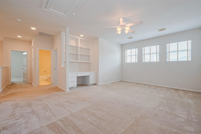 7927 Chateau Point Ln, Houston, TX 77041 - unfurnished room featuring attic access, light carpet, ceiling fan, recessed lighting, and built in desk