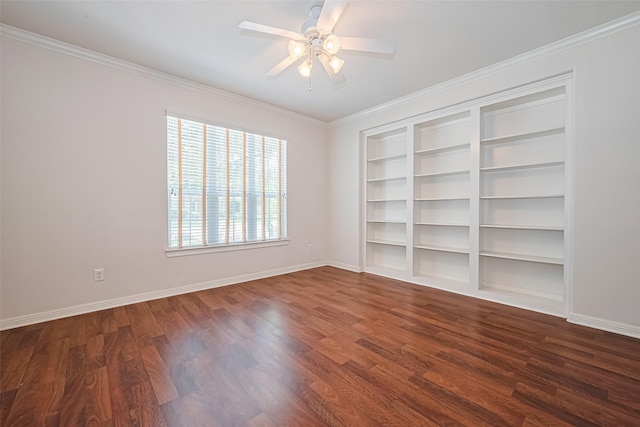 7927 Chateau Point Ln, Houston, TX 77041 - empty room featuring a ceiling fan, dark wood-type flooring, ornamental molding, and built in features
