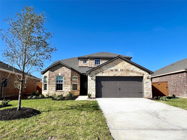 14109 Freeboard Dr, Texas City, TX 77510 - french country style house featuring stone siding, a garage, a front yard, driveway, and a shingled roof