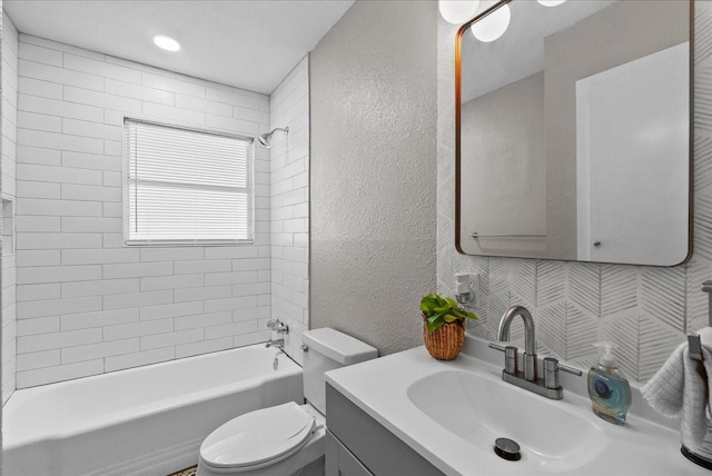 2909 15th Ave N, Texas City, TX 77590 - full bath with a textured wall, tub / shower combination, vanity, and decorative backsplash