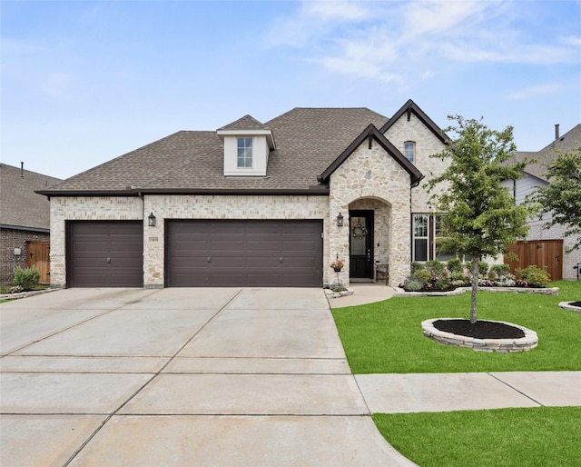 11819 Dockside Shores Dr, Cypress, TX 77433 - french country style house featuring an attached garage, roof with shingles, concrete driveway, stone siding, and brick siding