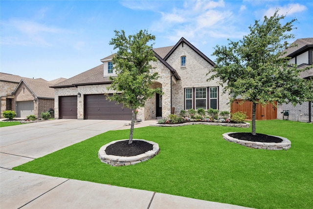 11819 Dockside Shores Dr, Cypress, TX 77433 - french country style house featuring driveway, brick siding, an attached garage, stone siding, and a shingled roof