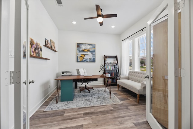 11819 Dockside Shores Dr, Cypress, TX 77433 - office area with french doors, wood finished floors, ceiling fan, and recessed lighting